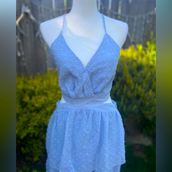 Periwinkle Pastel Blue Tiered Ruffle Backless Spring Dress Adjustable - Picture 2 of 6